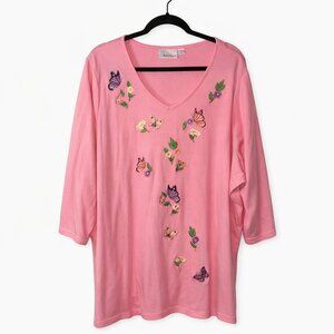 Quacker Factory Pink Embroidered Butterfly Floral V Neck Top Size 3X